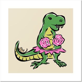 Cheer Leader Cheerleader Tyrannosaurus Dinosaur Dino Cartoon Cute Character Posters and Art